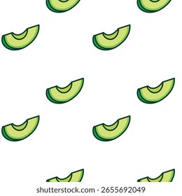Cartoon-style vector pattern of sliced green avocados with light green flesh and dark green skin, scattered in a minimal composition