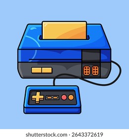 Cartoon-style vector of a retro video game console with cartridge and wired controller. Ideal for gaming content, nostalgia themes, or tech education.