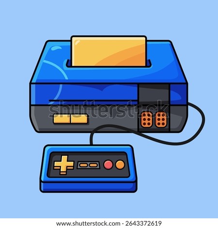 Cartoon-style vector of a retro video game console with cartridge and wired controller. Ideal for gaming content, nostalgia themes, or tech education.