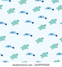 Cartoon-style vector seamless pattern featuring green turtles and soft blue fish on a light background. Ideal for baby products, kids’ textiles, and aquatic-themed designs
