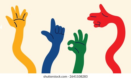 Cartoon-style vector set of colorful hands – expressive gestures in playful funky doodle style. Includes finger snap, pointing, OK and more