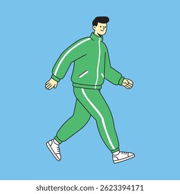 Cartoon-style vector of a smiling man in a green tracksuit walking confidently, representing health, fitness, and an active lifestyle.