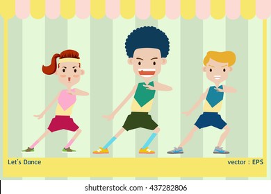 Cartoon-style vector of three people dancing under a striped canopy. Bright colors and poses express fun, movement, and celebration