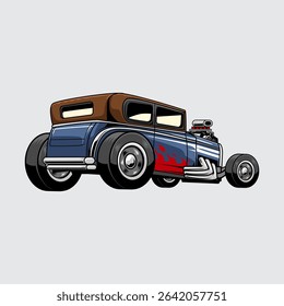 Cartoon-style vintage blue hot rod with flame decals, large rear tires, brown roof, and exposed engine on light gray background. Retro classic car design