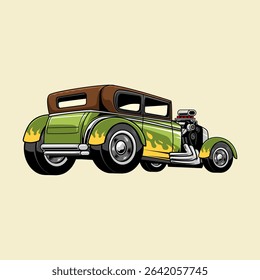 Cartoon-style vintage green hot rod with flame decals, large rear tires, brown roof, and exposed engine on light yellow background. Retro classic car design