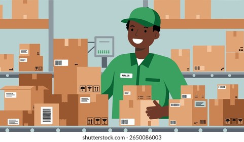 Cartoon-style warehouse worker surrounded by parcels and shipping labels.