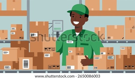 Cartoon-style warehouse worker surrounded by parcels and shipping labels.