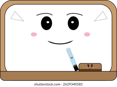 A cartoon-style whiteboard vector with smiling face, marker, and eraser, perfect for educational or classroom-themed designs.