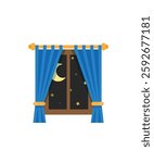 Cartoon-style window with blue curtains opens to reveal night sky with crescent and stars.