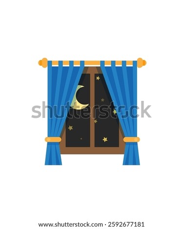 Cartoon-style window with blue curtains opens to reveal night sky with crescent and stars.