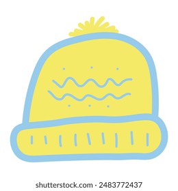 a cartoon-style winter hat, commonly referred to as a beanie. The hat is yellow with light blue outlines and accents.