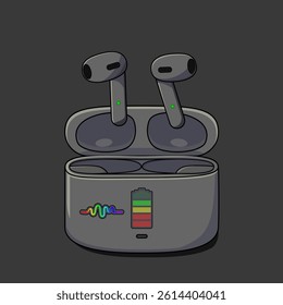Cartoon-style wireless earbuds in charging case with battery icon, perfect for tech blogs, digital assets, and technology-themed designs.