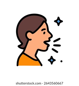 Uma mulher de estilo cartoon com cabelo castanho e uma camisa laranja é mostrada de perfil, falando com ondas sonoras e estrelas azuis vindo de sua boca.