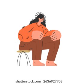 A cartoonstyle woman with long black hair sits on a stool. She is wearing an orange top, brown pants, and has a relaxed, posed posture. The image is simple, modern, and clean.
