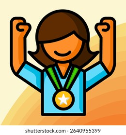 Cartoon-style woman proudly raising her arms with a star medal around her neck, representing confidence, success, and empowerment.