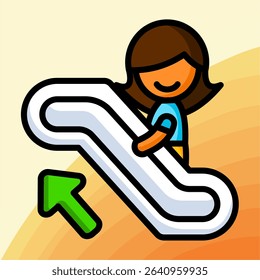 Cartoon-style woman riding an escalator upwards, accompanied by a green arrow. Represents growth, personal progress, or moving forward.