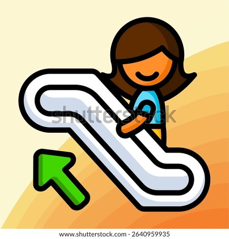 Cartoon-style woman riding an escalator upwards, accompanied by a green arrow. Represents growth, personal progress, or moving forward.