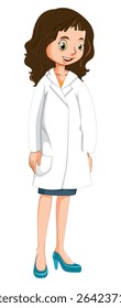 Cartoon-style woman with wavy dark hair wearing a white lab or medical coat, ideal for scientific, healthcare, or professional presentations and materials.