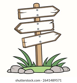 Cartoon-style wooden signpost showing three blank arrow signs attached to a central post, surrounded by green grass and grey rocks at its base, set against a white backdrop.