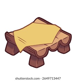 A cartoon-style wooden table with a yellow cloth draped over it. Designed with a fantasy or rustic aesthetic, suitable for magical or forest taverns.