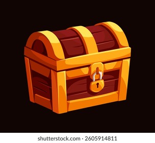 Cartoon-style wooden treasure chest with golden metal accents and a lock, isolated on a dark background. Concept of wealth, adventure, or discovery. Vector illustration