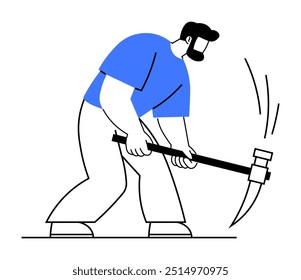 Cartoon-style worker with a beard wearing a blue shirt and white pants, engaged in hammering with a pickaxe. Ideal for construction, manual labor, strength, work ethic, perseverance.