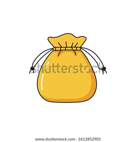Cartoon-style yellow drawstring pouch with black cords on a white background.