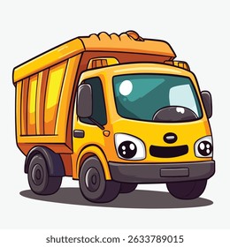 A cartoon-style yellow dump truck with large, expressive eyes and thick black outlines, facing forward with a playful, friendly appearance.