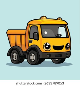 A cartoon-style yellow dump truck with large, expressive eyes, a smiling grill, and black outlines, creating a playful and friendly appearance.