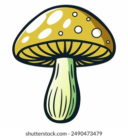 A cartoonstyle yellow mushroom with white spots depicted in the illustration