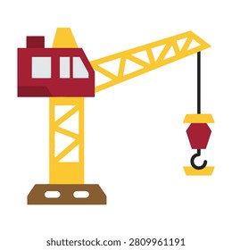 A cartoon-style yellow and red construction crane with a hook and counterweight on a white background, perfect for industrial or technology concepts