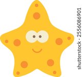 Cartoon-style yellow starfish with five arms and orange spots, a smiling face, large eyes with black pupils, and a small curved smile. Cheerful and friendly sea creature.