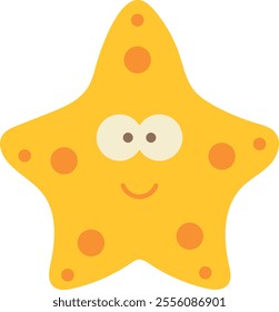 Cartoon-style yellow starfish with five arms and orange spots, a smiling face, large eyes with black pupils, and a small curved smile. Cheerful and friendly sea creature.