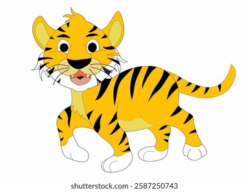 Cartoon-styled illustration of a tiger, depicted in a simple and friendly manner. The tiger is standing and facing forward, with its body shown in profile and its head turned slightly towards the view