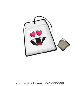 Cartoontea bag characters isolated on white background. Funky paper tea bag character with eyes and mouth. Vector white teabag with clip art, emoji, label and sticker