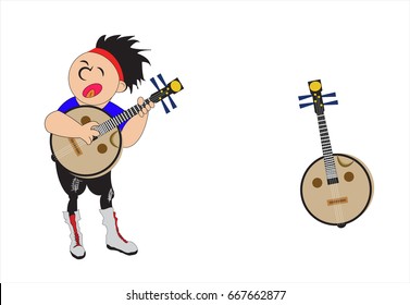 Cartoon,Teenage men standing playing Banjo and singing.