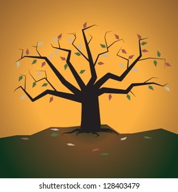 Cartoony angular tree in minimalistic retro style, autumn time with falling leaves