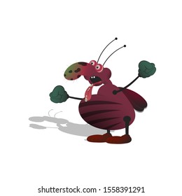 A cartoony big cockroach brandishes its fists and screams out loud with its tongue out and bulging eyes. Isolated illustration on a white background with a shadow.