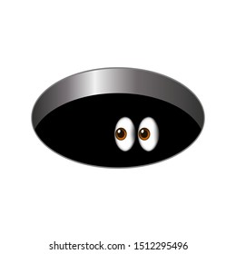 cartoony big scared eyes looking out of a dark hole