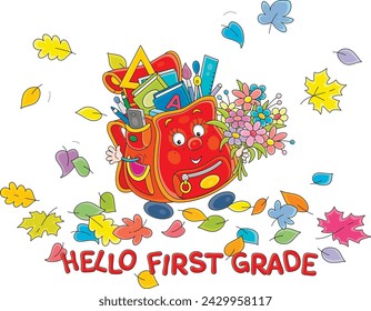Cartoony character Schoolbag with a holiday bouquet of flowers among colorful autumn leaves friendly smiling and waving in greeting before start of classes in grade school, vector cartoon illustration