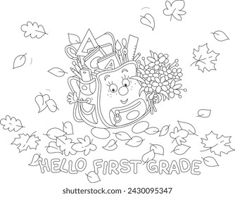 Cartoony character Schoolbag with a holiday bouquet of flowers among autumn leaves friendly smiling and waving in greeting before start of classes in grade school, black and white vector illustration