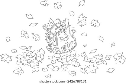 Cartoony characters Schoolbag among autumn leaves friendly smiling and waving in greeting before start of classes in grade school, black and white outline vector illustration for a coloring book