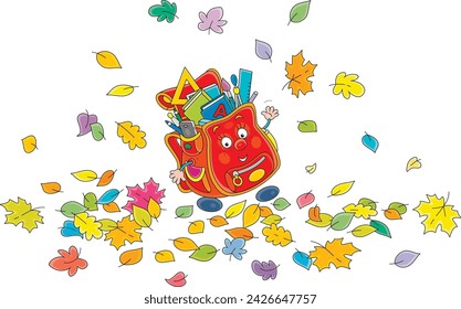 Cartoony characters Schoolbag among colorful autumn leaves friendly smiling and waving in greeting before start of classes in grade school, vector cartoon illustration on a white background