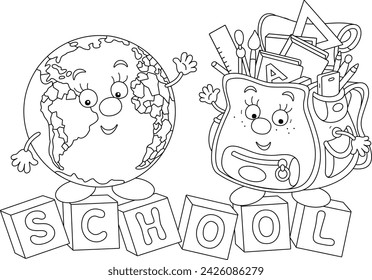 Cartoony characters Schoolbag and Globe friendly smiling and waving in greeting before start of classes in grade school, black and white outline vector illustration for a coloring book