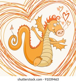 Cartoony cheerful enamored dragon in vector.  Symbol of chinese new year 2012. Greeting card Valentin`s Day