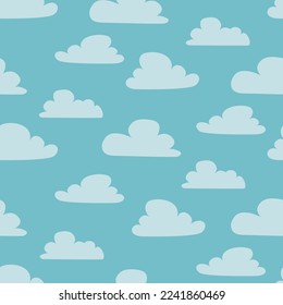 Cartoony clouds on teal background, seamless vector pattern