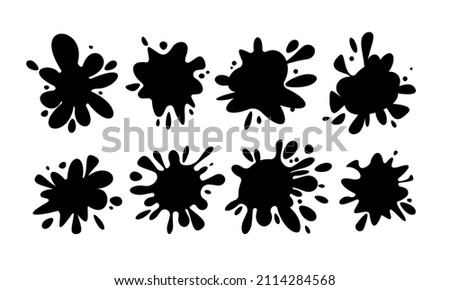 Cartoony Comic Ink Splatter Effect Splat Blot Splash Paint Stains Vector Icons Set Bold Flat Design Bundle Collection Background Frame Mockup Brush Strokes Dirt Drops Black Sketchy