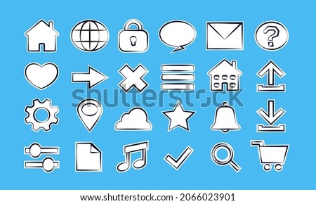 Cartoony Comic Stickers Simple Icon Collection - Web Page Design Internet Store Shop Icons Labels Tags Buttons Set: Home, Globe, Bubble, Check Mark, Sound, Pin, Document, Cloud, Bell, Menu, Like, WWW