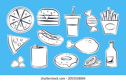 Cartoony Comic Stickers Simple Web Icon Collection - Food 1: Fast Food and Junkfood Icons Vector Set: Pizza, Burger, Hot Dog, Soda, Donut, Onion, Candy, Fries, Bottle, Beer, Chicken, Cheese Labels