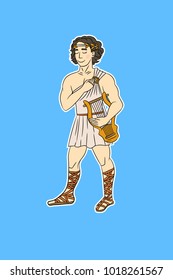 Cartoony cute character holding a lyre, looking like a greek male muse or a greek god Apollo, drawn in funny cute style. Young man wearing greek tunic, sandals and laurel crown. Vector illustration.